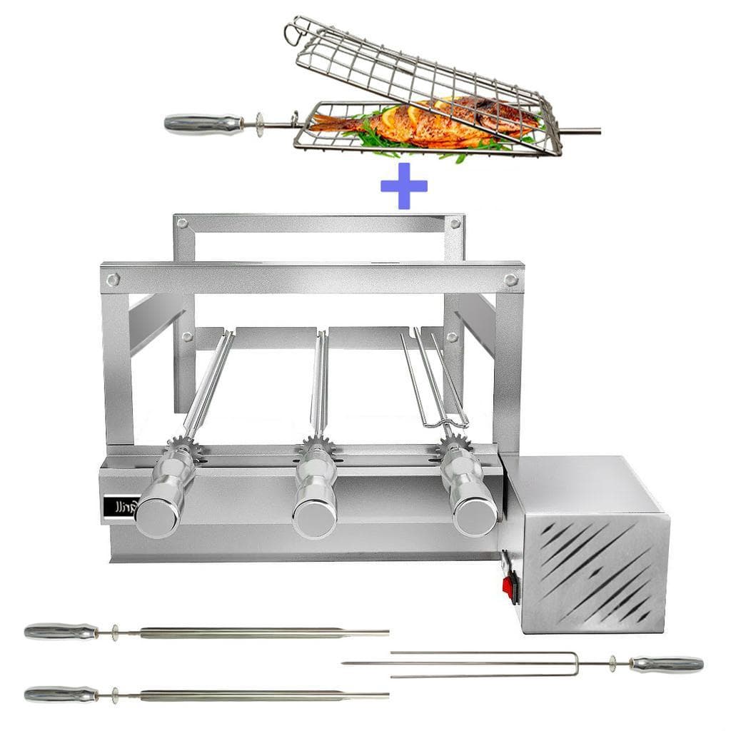 Churrasqueira Giratória Grill Inox Gira Soft Grill 3 Espetos + Espeto Grelha Lado Direito