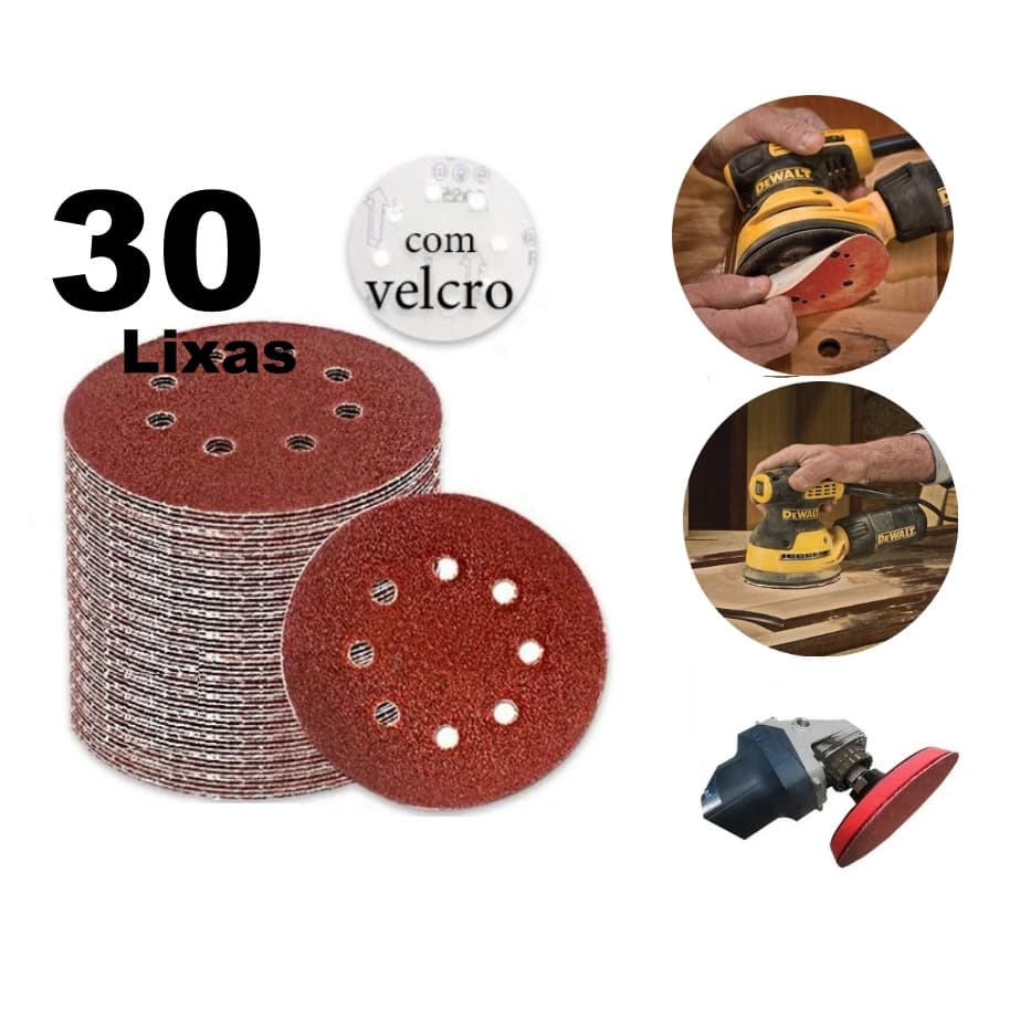 kit 30 Discos de Lixa 125mm (5") 8 Furos com Pluma P/ Rokit Politriz Lixadeira Diversos Grãos