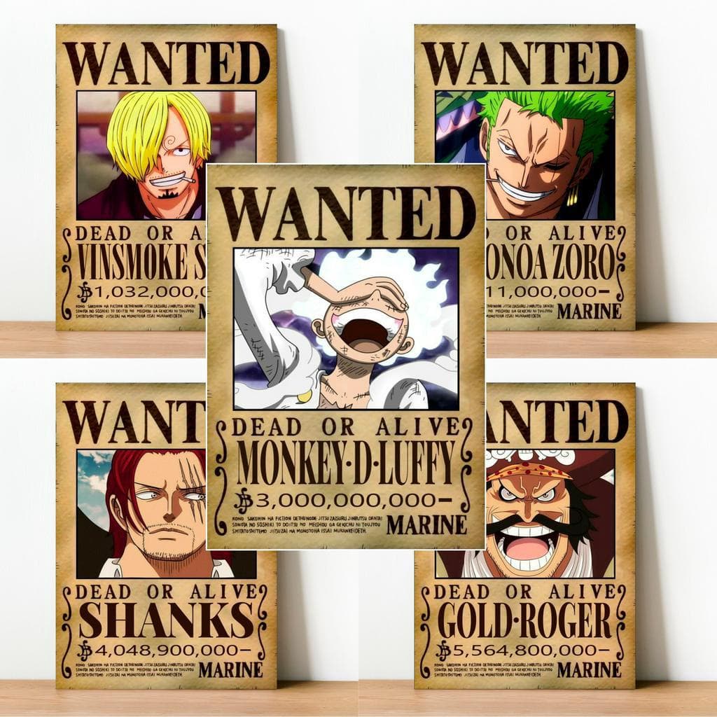 Kit 5 Quadros Decorativos One Piece 10X15 Anime Placa Decorativa Recompensa Luffy Zoro Sanji Wanted