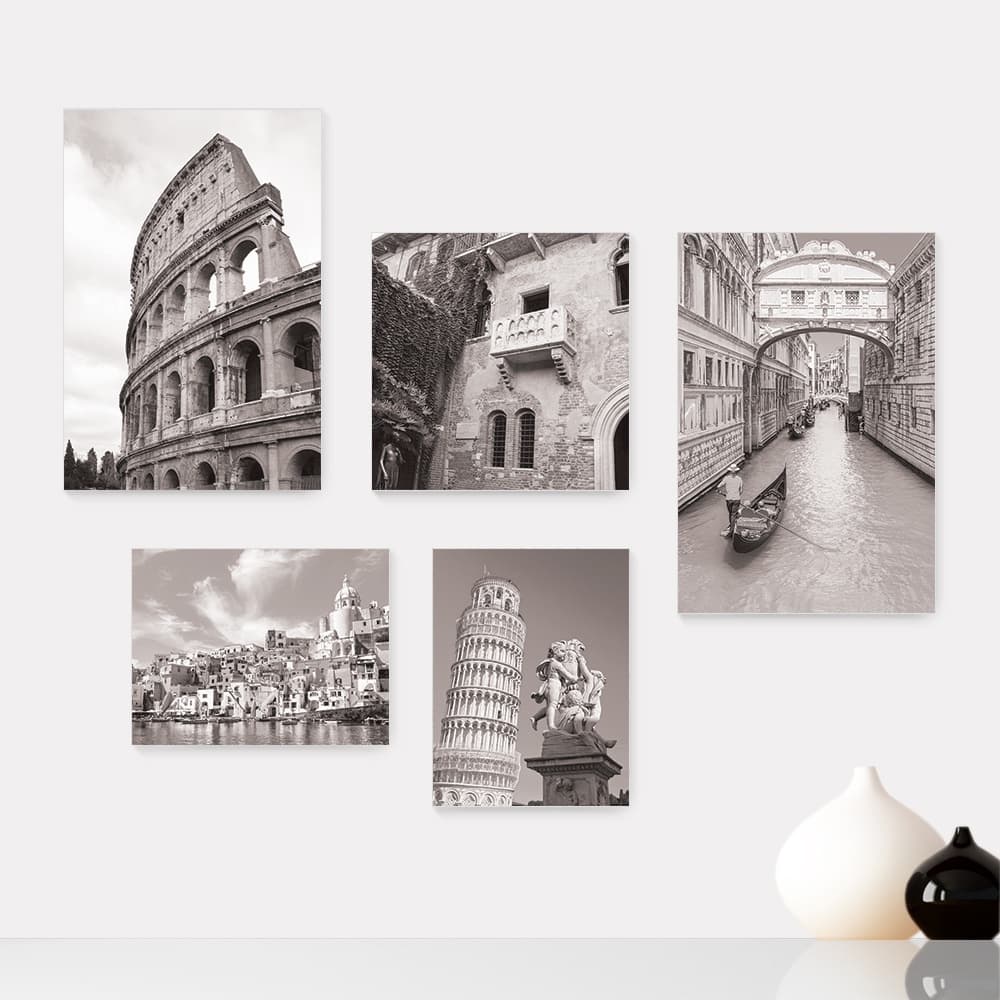 Kit 5 Quadros Decorativos Placas - Itália - Cidades - Pontos Turísticos - Roma Nápoles Pisa Veneza Florença - Preto e Branco Casa Quarto Sala - 276ktpl5