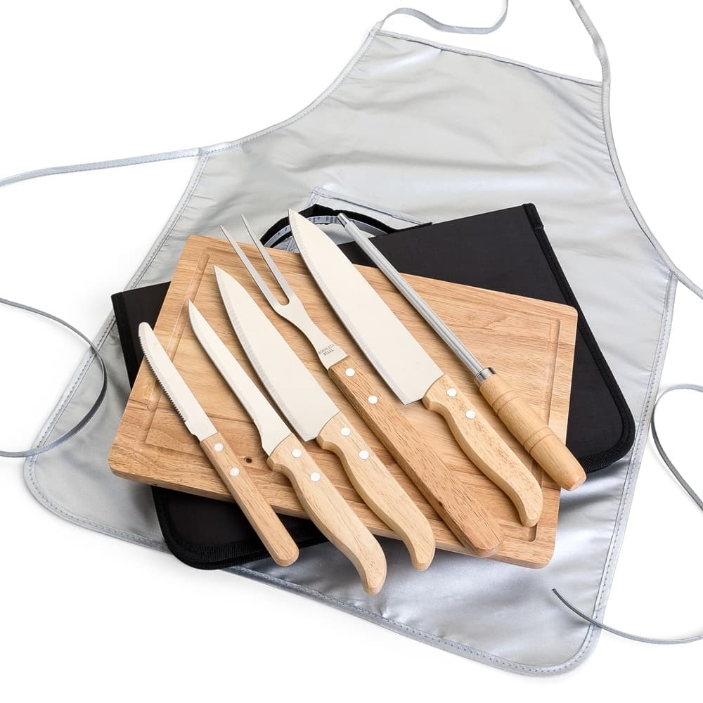 Kit Churrasco 8 peças Tábua/Talheres/Chaira/Avental e Estojo