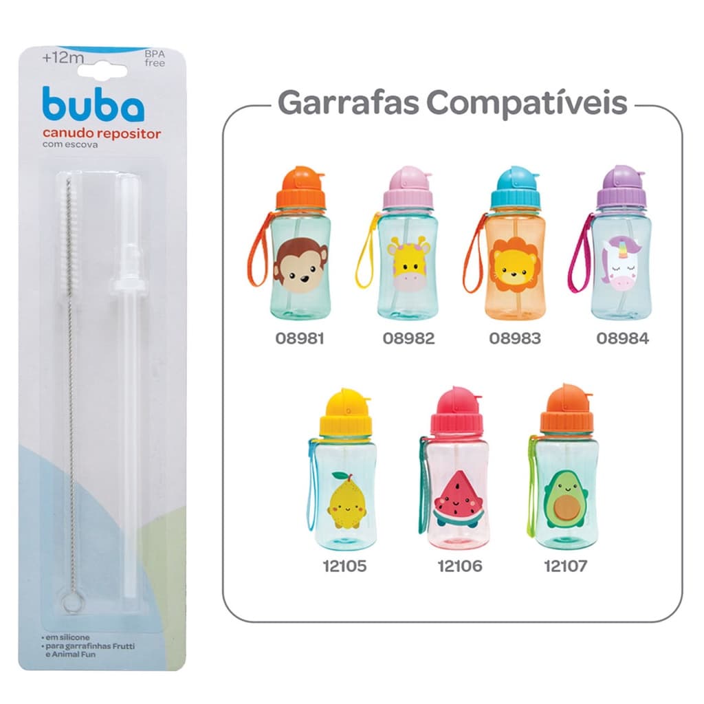 Canudo Refil e Escova de Limpeza Garrafa Animal Fun e Frutti Buba