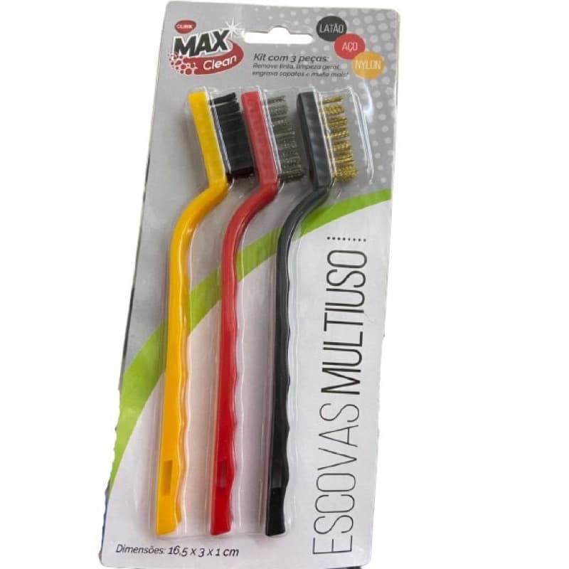 Kit com 3 escovas multiuso Aço latão e nylon colorida CK4140