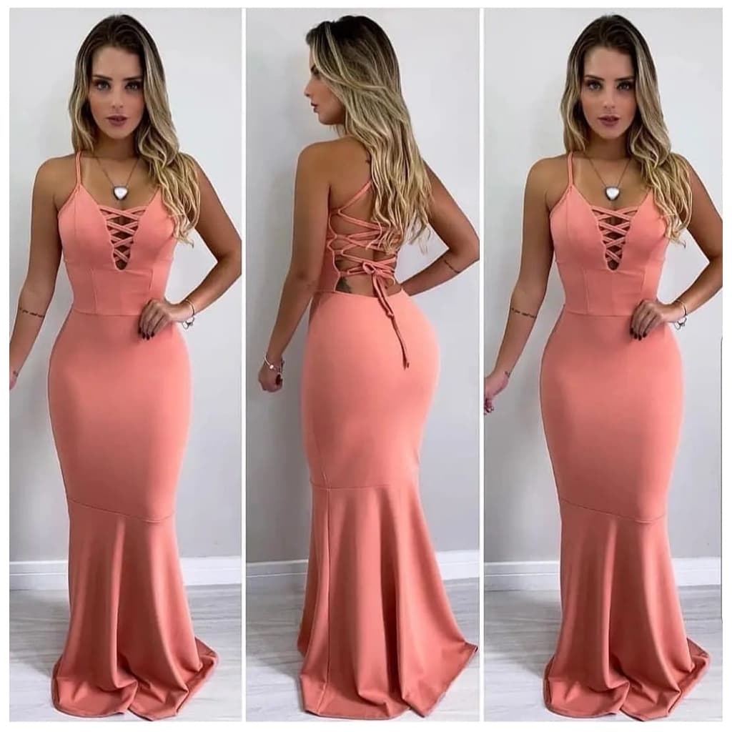 Vestido Feminino Festa Madrinha Casamento Formatura Longo Sereia Tecido Crepe Modelo Trançado Frente Aberto nas Costas
