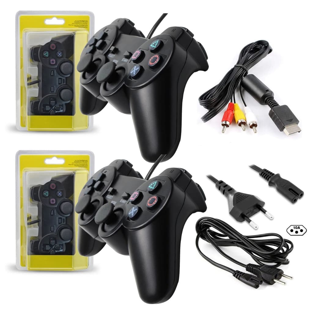 Kit de Acessórios Para Console Ps2 2 Controles +cabo Força +cabo Av Playstation2