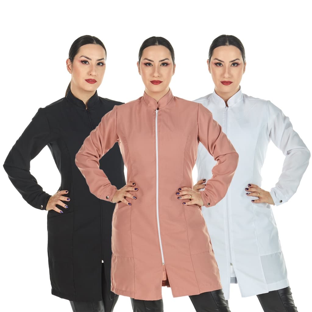 Kit 3 Jalecos Feminino Oxford Acinturado Manga Longa Preto Branco Nude Dentista Esteticista Veterinária