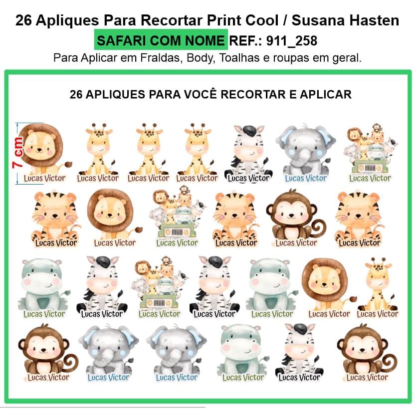 26 Apliques Safari Personalizado Com Nome Termocolante Para Roupas Ref.: 911_258