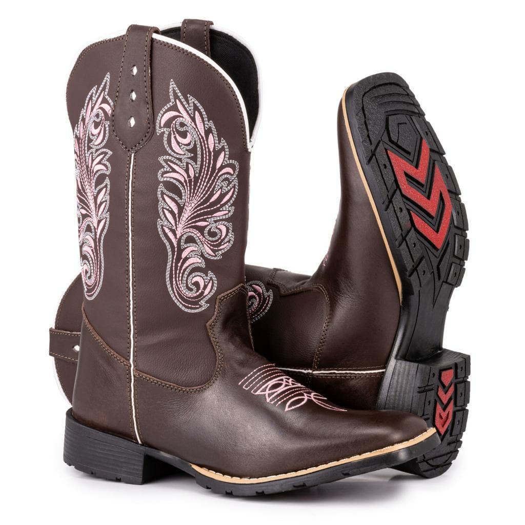 Bota Texana Feminina Country Bico Quadrado Bordada Flor