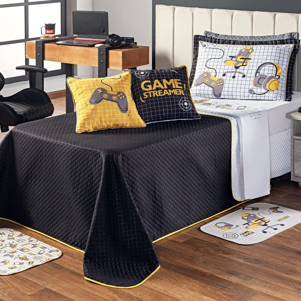 Kit Colcha Cama Infantil SOLTEIRO 05 Peças Cobre Leito Game Streamer Preto Dupla Face com Almofadas