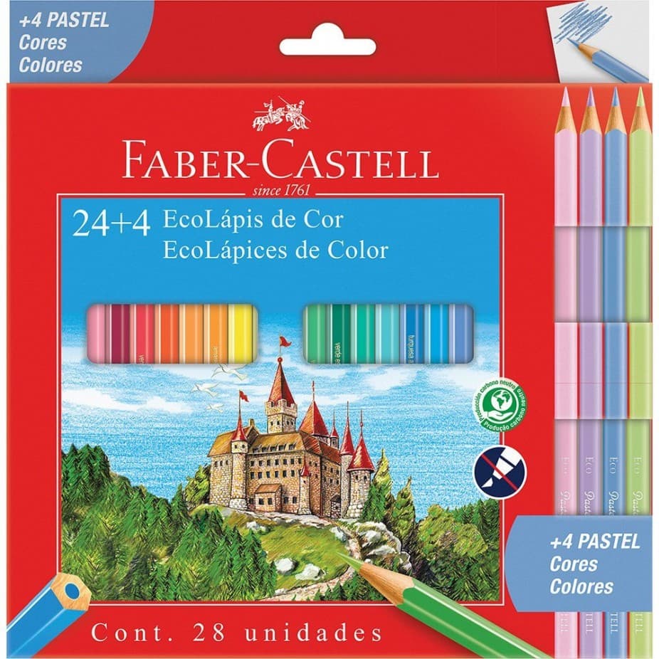 Lapis de Cor Faber Castell Ecolápis 24 Cores +4  Cores Pastéis