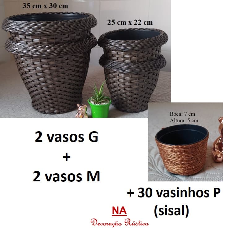 2 Vaso G + 2 vasos M + 30 vasinhos P de sisal planta jardim jardinagem prato argila fibra sintetica flor orquidea dracena coqueiro marrom escuro
