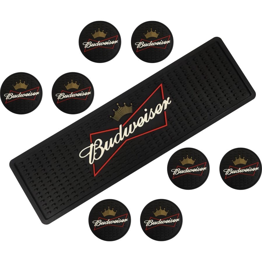 Tapete Barmat Bud + 8 Porta Copos emborrachados Chopp Whisky Cerveja Protege Moveis Preparo de Drinks