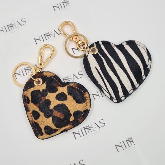 Chaveiro de Coração Couro Legitimo Chaveiro de Bolsa Coração Animal Print Oncinha Zebra
