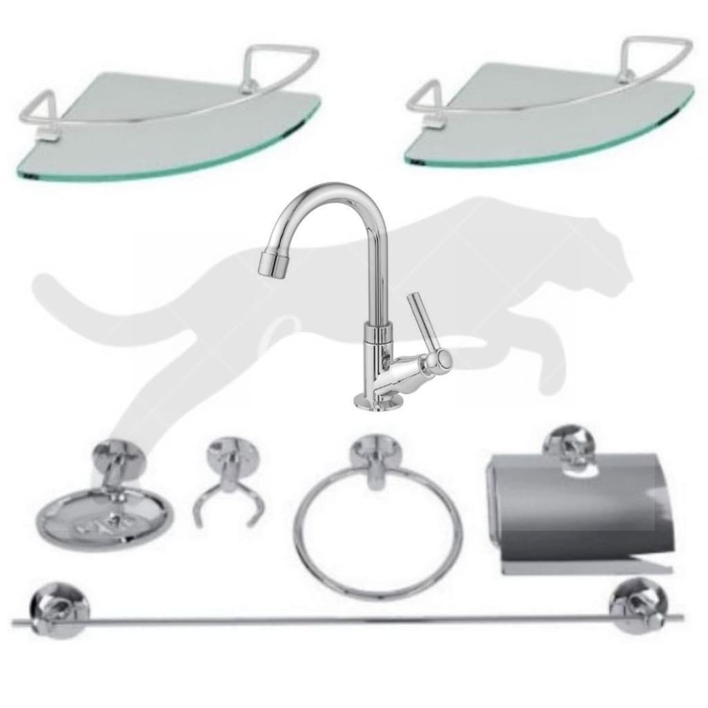 Kit Acessório Para Banheiro Aço Inox 7 Peças Com 2 Porta Shampoo Canto e Torneira abs