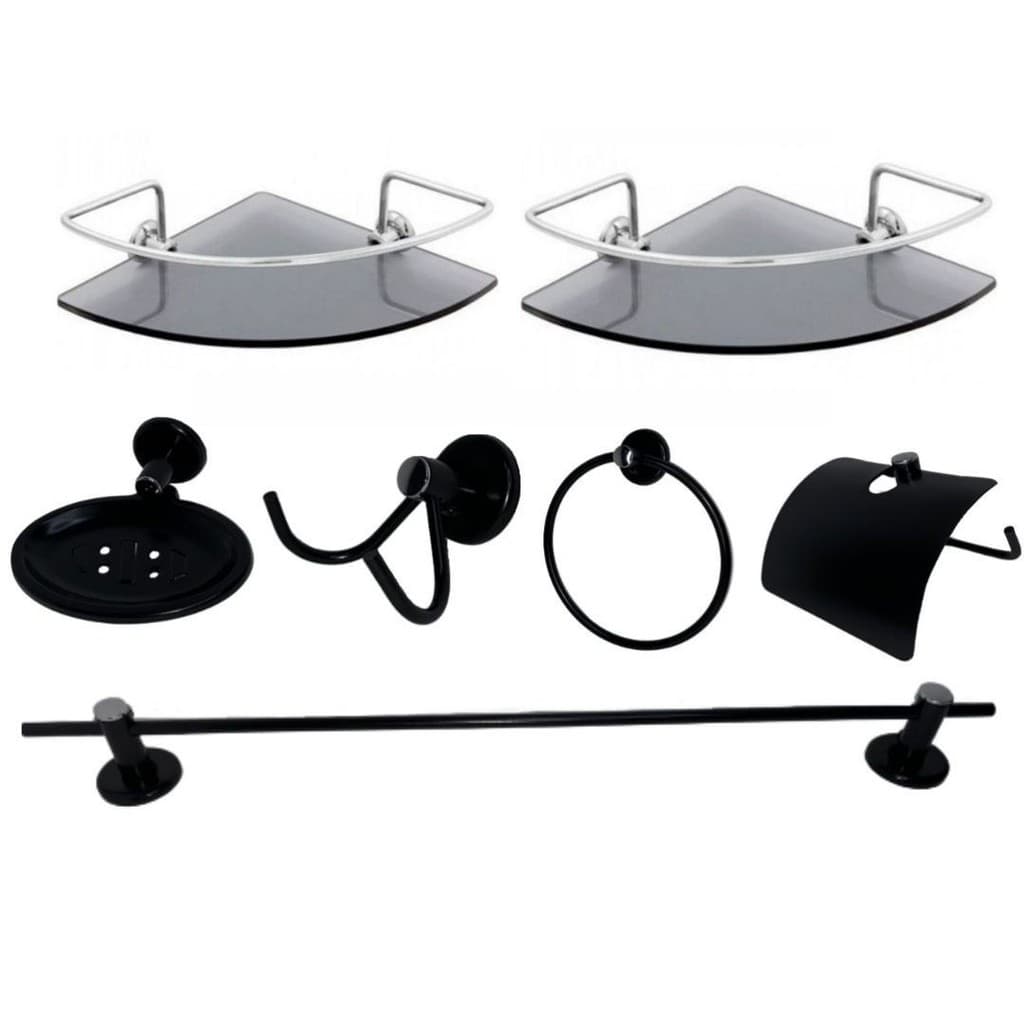 Kit Para Banheiro 05 Peças Aço Inox preto fosco + 2 Porta Shampoo Prateleira com Grade e Vidro(6mm) Canto fumê