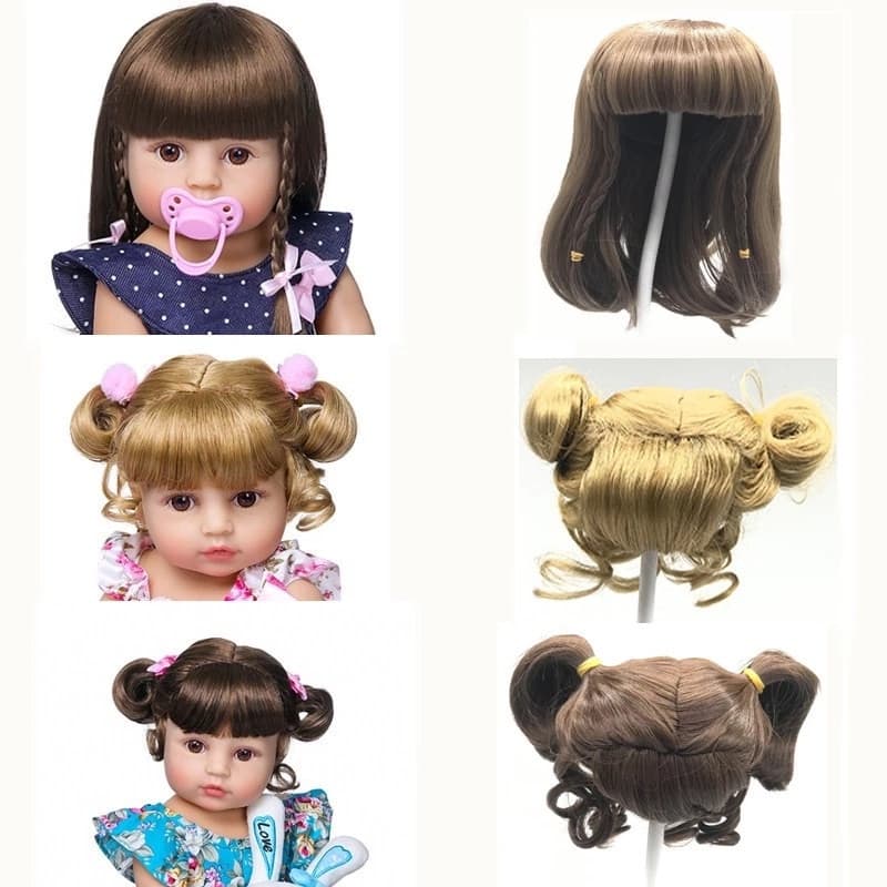 (só peruca sem boneca) 13 Estilo Diferente De Cabelo Reborn Silicone Peruca Do Bebê Da Boneca Longo Encaracolado Marrom De Ouro Para BJD Bonecas Acessório