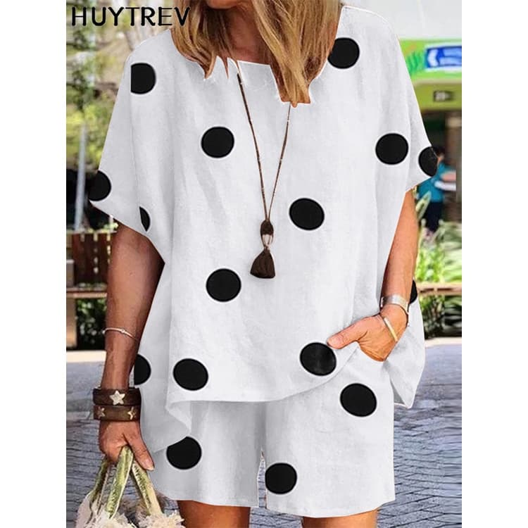 Conjunto Feminino De Linho De Algodão Verão Solto Gola Redonda Manga Curta Polka Pontos Fatos De Trilho Estampados Casual Top E Curto 2 Pcs Stes Feriado