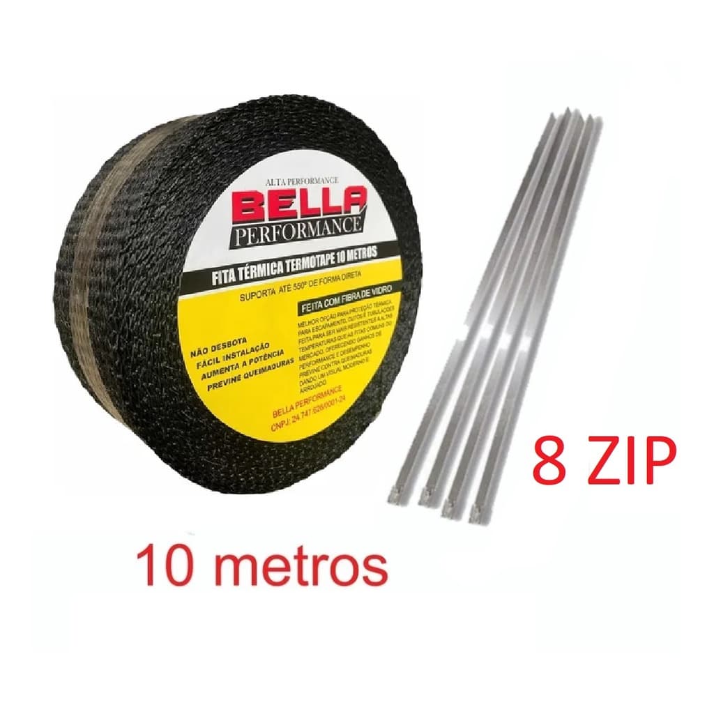 Fita Manta Termica Termotape Preta Para Escapamento Carro e Moto 10 Metros + 8 Abraçadeiras Aço Inox