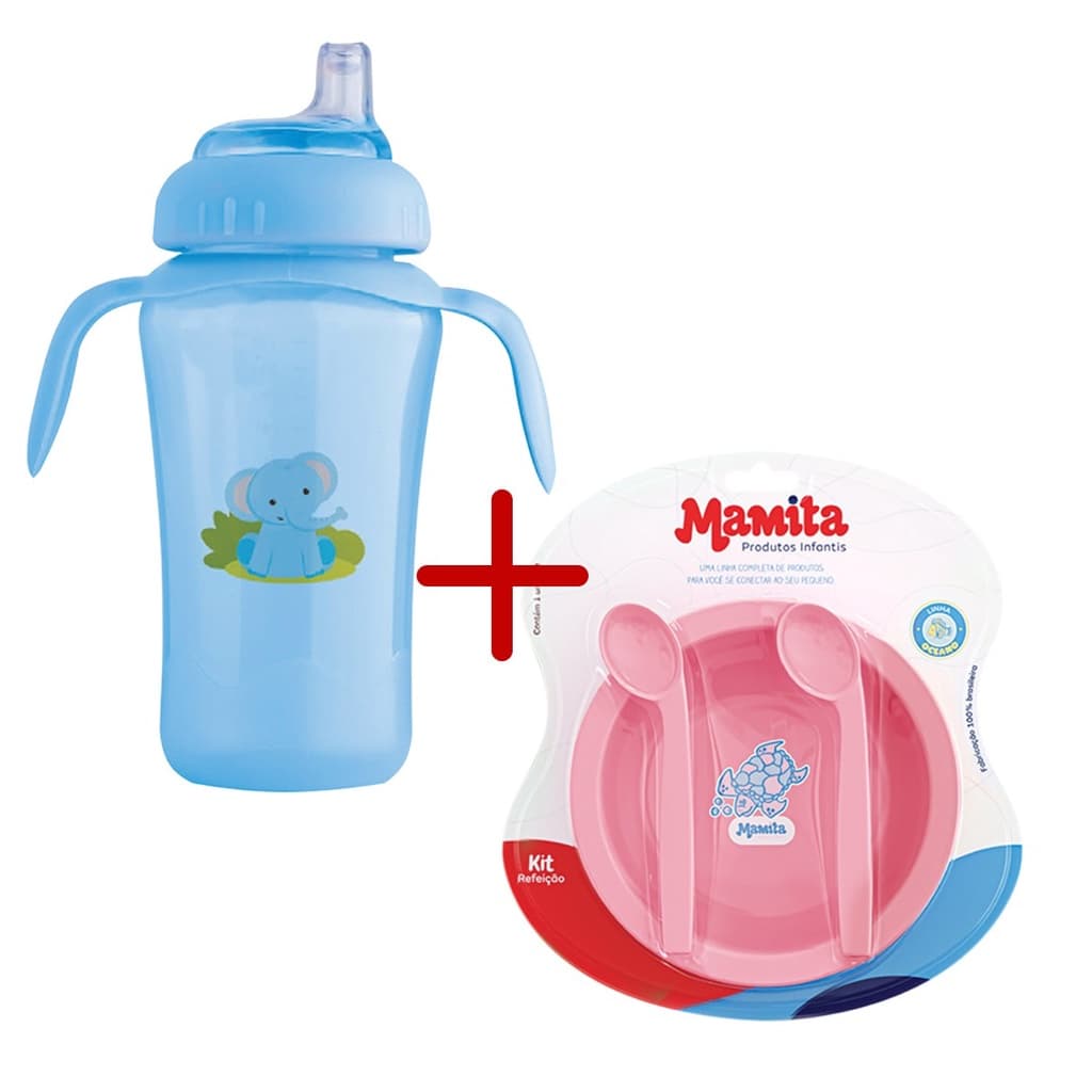 Kit Refeição Copo Infantil Bebê Antivazamento 330ml e Prato Infantil com 2 colheres