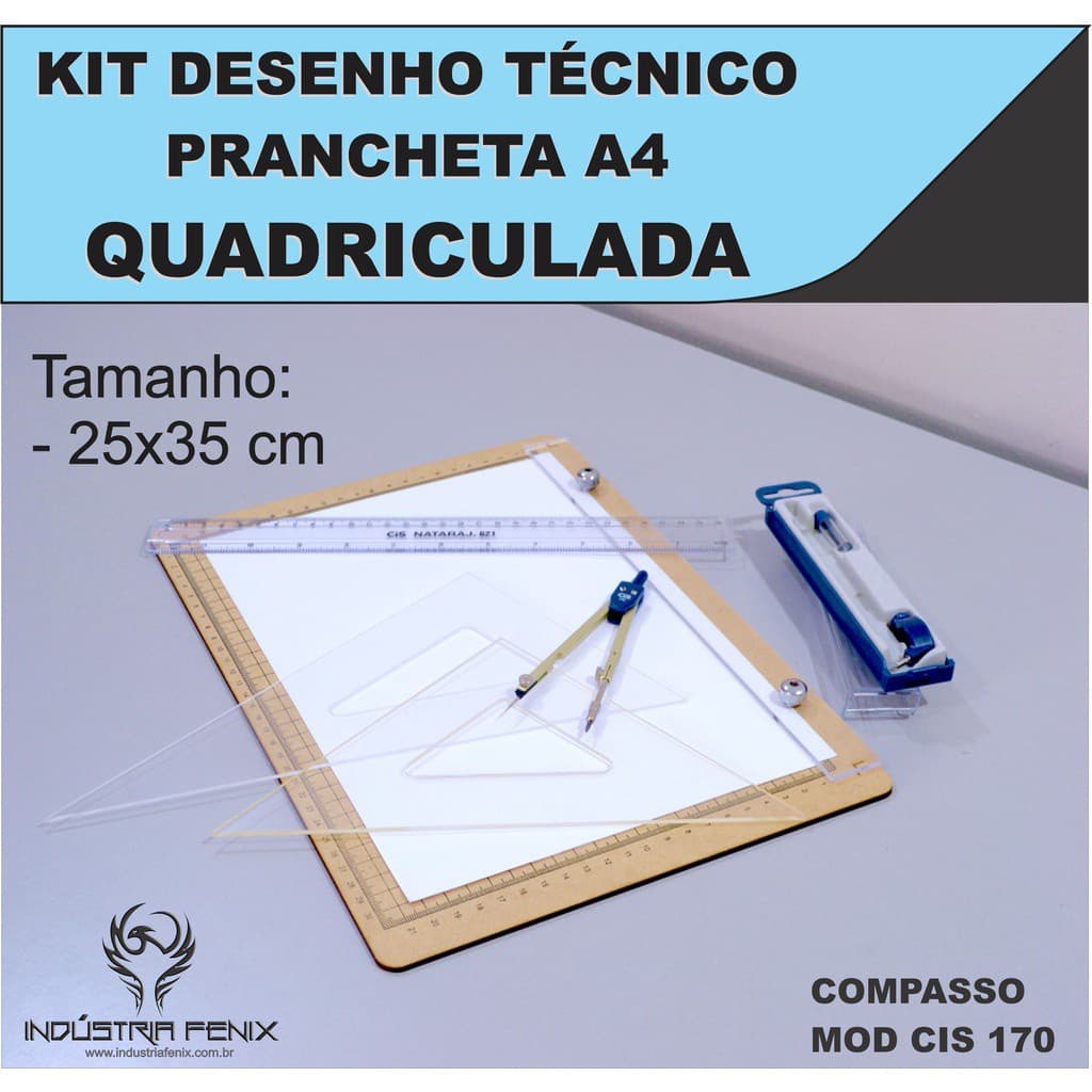 Kit Desenho Técnico Prancheta Engenharia Arquitetura a4 QUADRICULADA Esquadros 26 cm Compasso Cis 170 Regua 30 CM FENIX