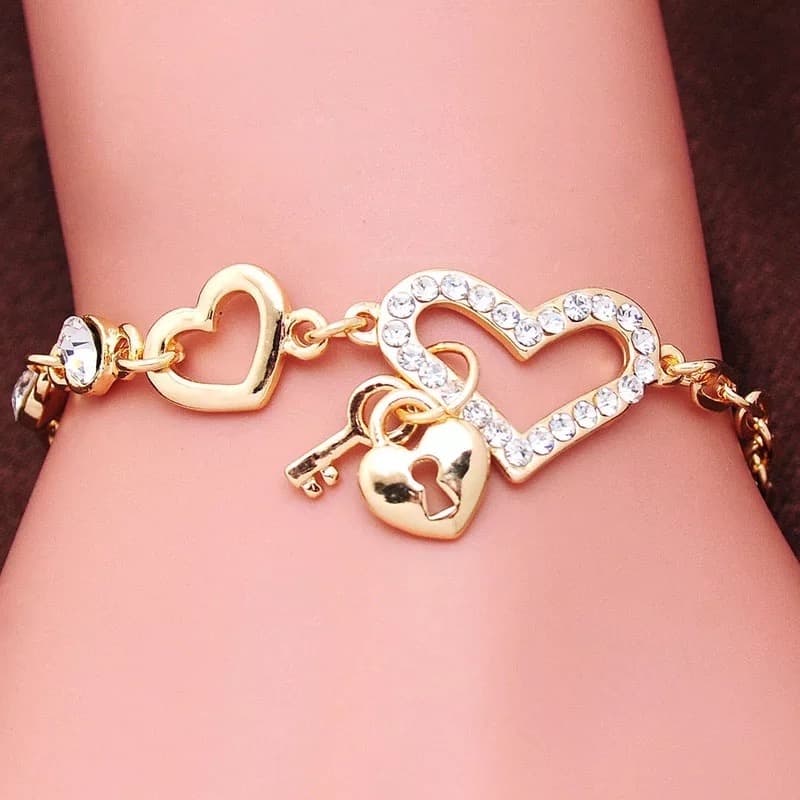 Pulseira Dourada Brilho Amor Coração Chave F6719