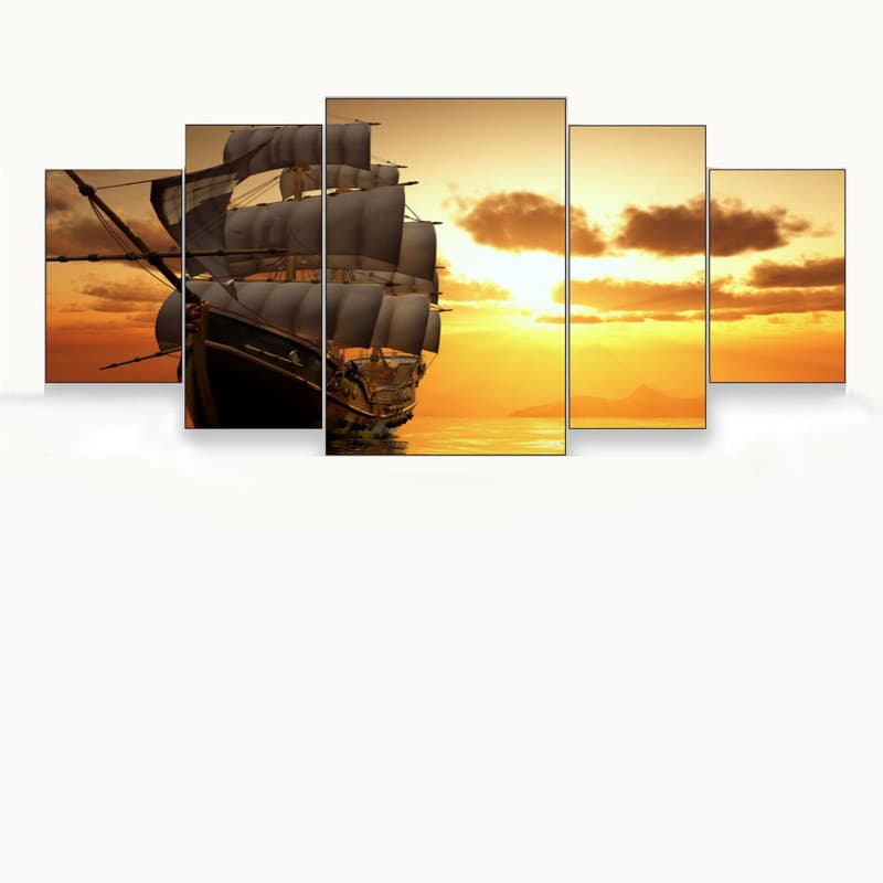 kit Quadro Painel Decorativo Mosaico 5 Peças Para Quarto Sala Navio em Alto Mar Por do Sol 128x60