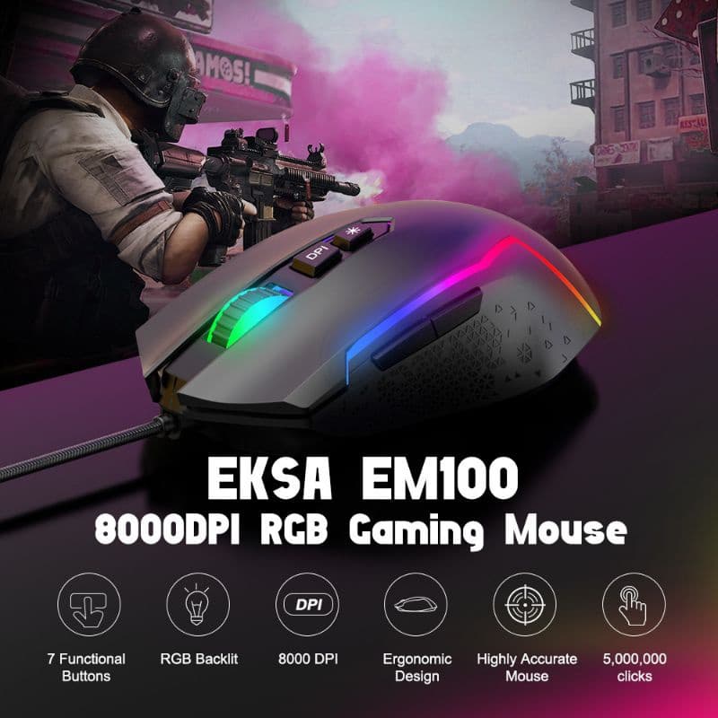 Mouse Gamer Eksa Em100 Rgb 8000 Dpi 7 Botões