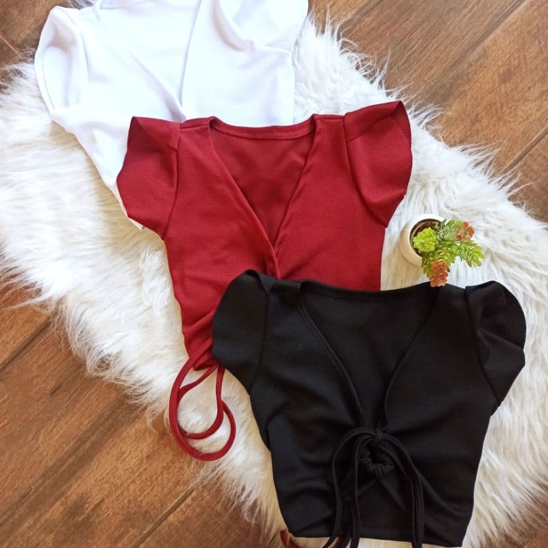 Cropped Amarração feminino moda blogueira malha crepe sem bojo manga babado promoção