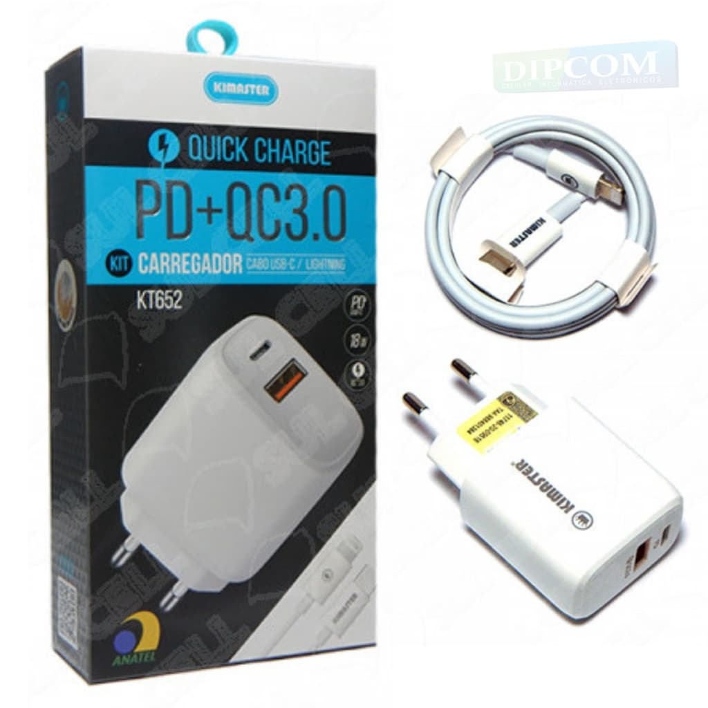 Kit Carregador Lightning/USB-C - Turbo 3.0A - Acompanha Fonte e Cabo - KT652/T110CL Kimaster