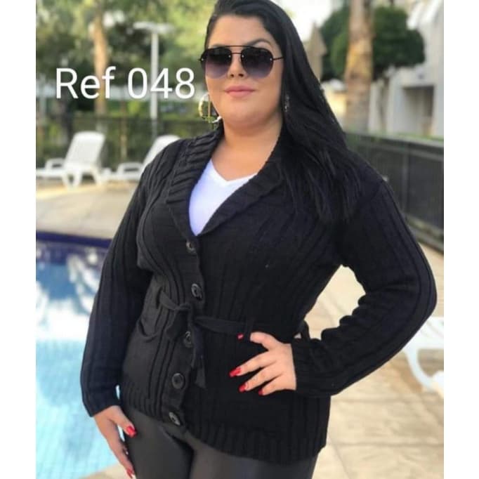Casaco feminino plus size tricot trico de botão