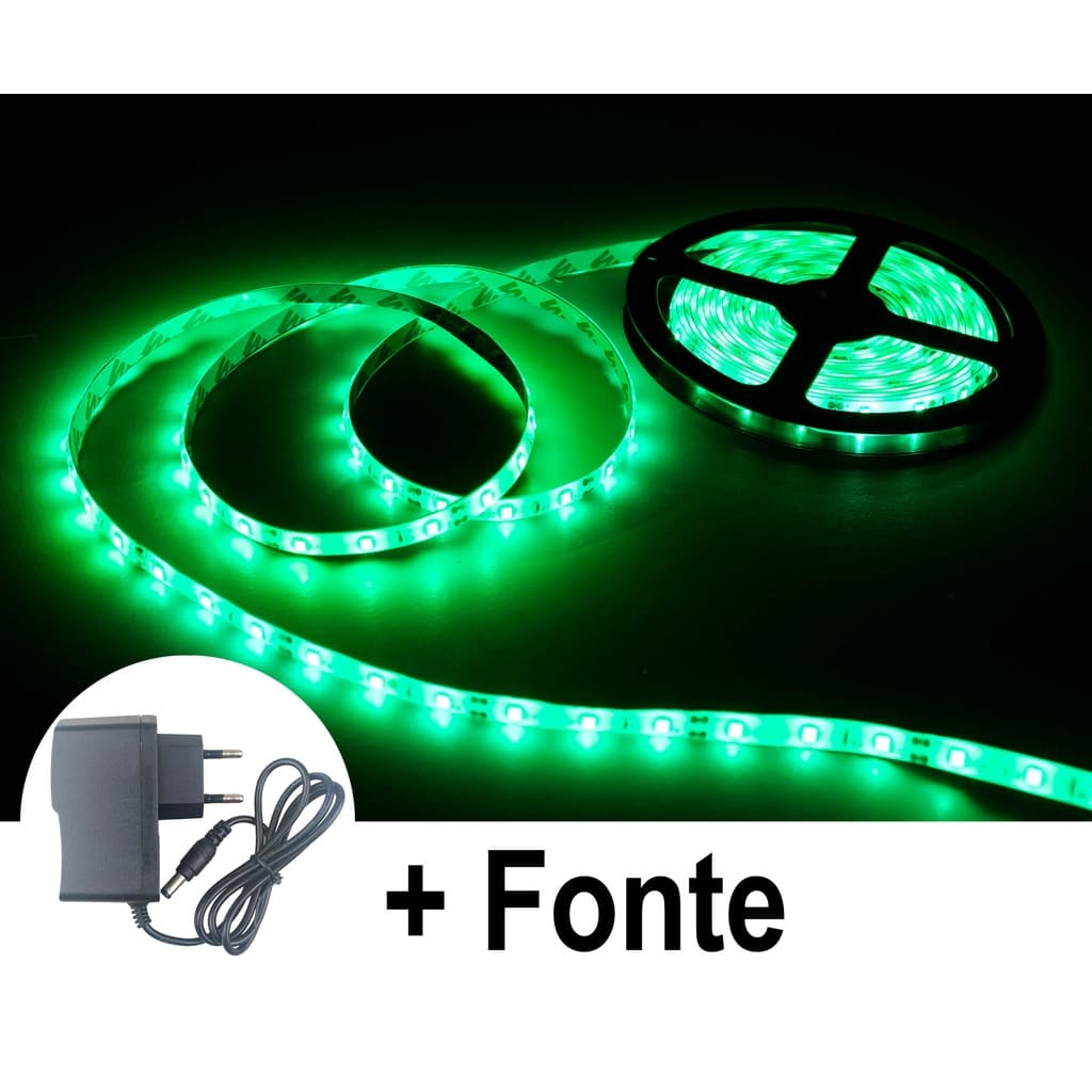 Fita LED Verde 3528 300 Leds 5 Metros 12V 2835 com Fonte