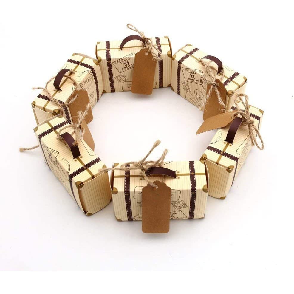 " Mala De Viagem Temático " Favor Caixas + Tags , KrafCaixa De Doces Saco Do Presente Vintage Para Crianças Tema Festa De Aniversário De Casamento Nupcial