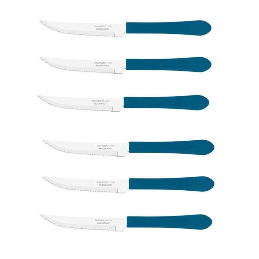 6 Faca De Mesa Churrasco Inox Tramontina Leme Azul