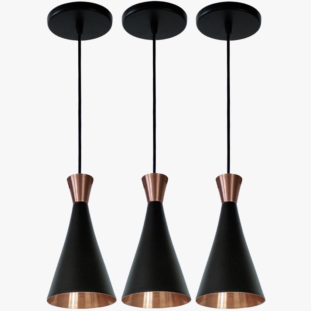 Trio Pendente Cone Preto Com Cobre Bancada Canada Gourmet