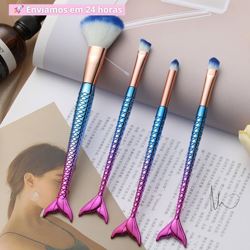 Kit 04 Pincel Sereia de Maquiagem Para Sombra Blush Contorno Pó Sombra - Pronta Entrega Atacado