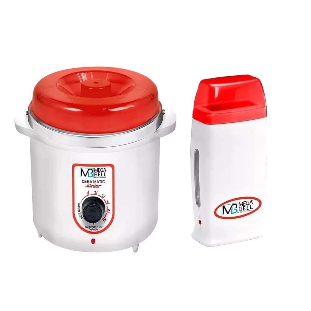 Kit Depilação Termocera 400gr Sem Refil + Aquecedor De Cera Roll-on Branco com Vermelho Mega Bell