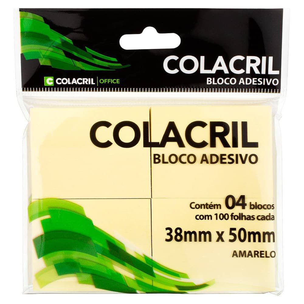 Bloco Adesivo Colacril 38mm x 50mm Amarelo - PT C/ 4 X100