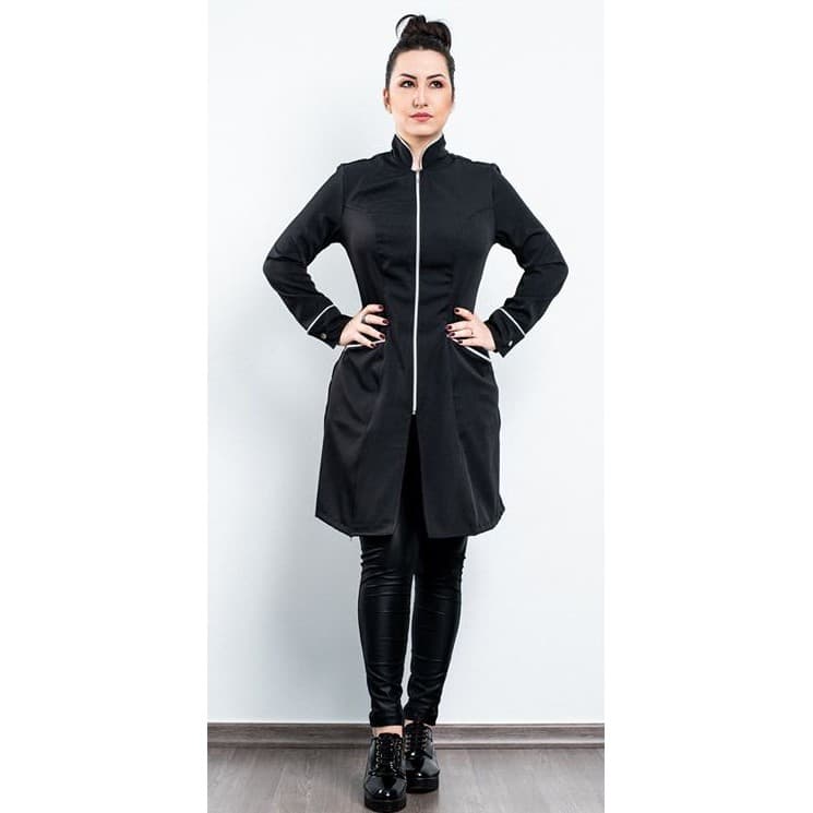 Jaleco Feminino Acinturado Gola Padre Manga Longa com Zíper Tecido com Elastano