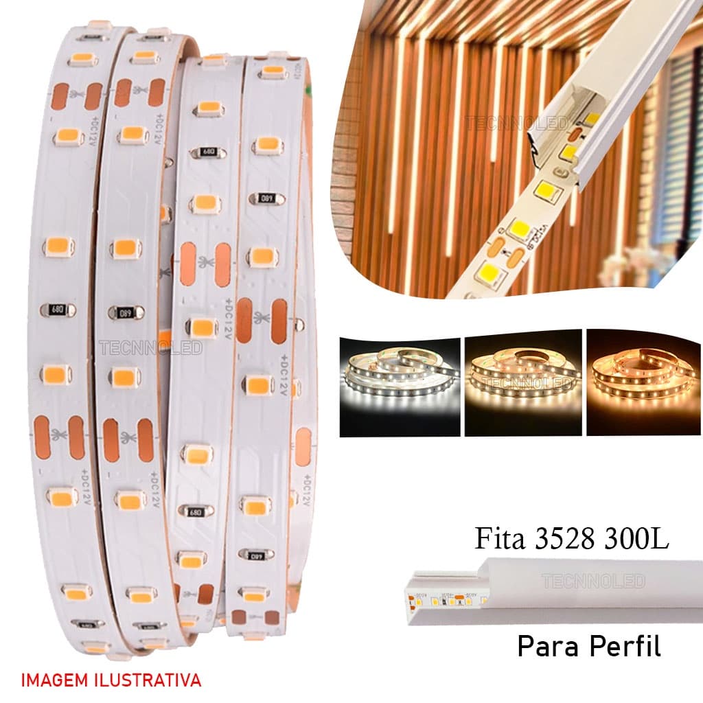 Fita Led 3528 Para perfil de Led Rolo 5 metros com 300 Led 24w Branco Quente Ip20 3500k