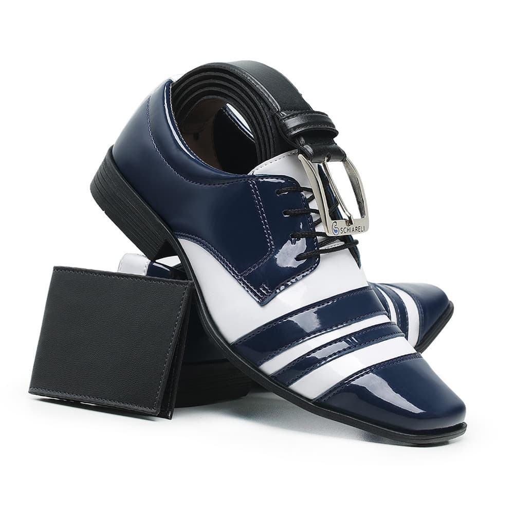 Kit Sapato Social Italiano 840 Azul Marinho Branco Cinto E Carteira Casamento Verniz Brilho