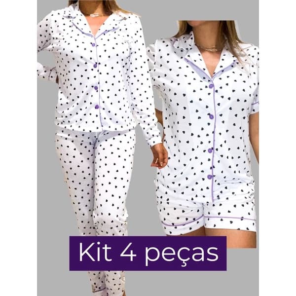 Kit pijama blogueirinha 4 peças americano 4 formas de uso gestante amamentação coração preto detalhe lilás