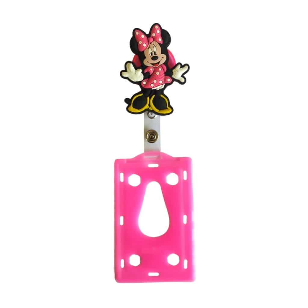 Kit Porta Crachá Retrátil Personalizado Minnie Mouse Disney - Vestido Rosa Ou Vermelho + Porta Cartão Rosa Ou Vermelho