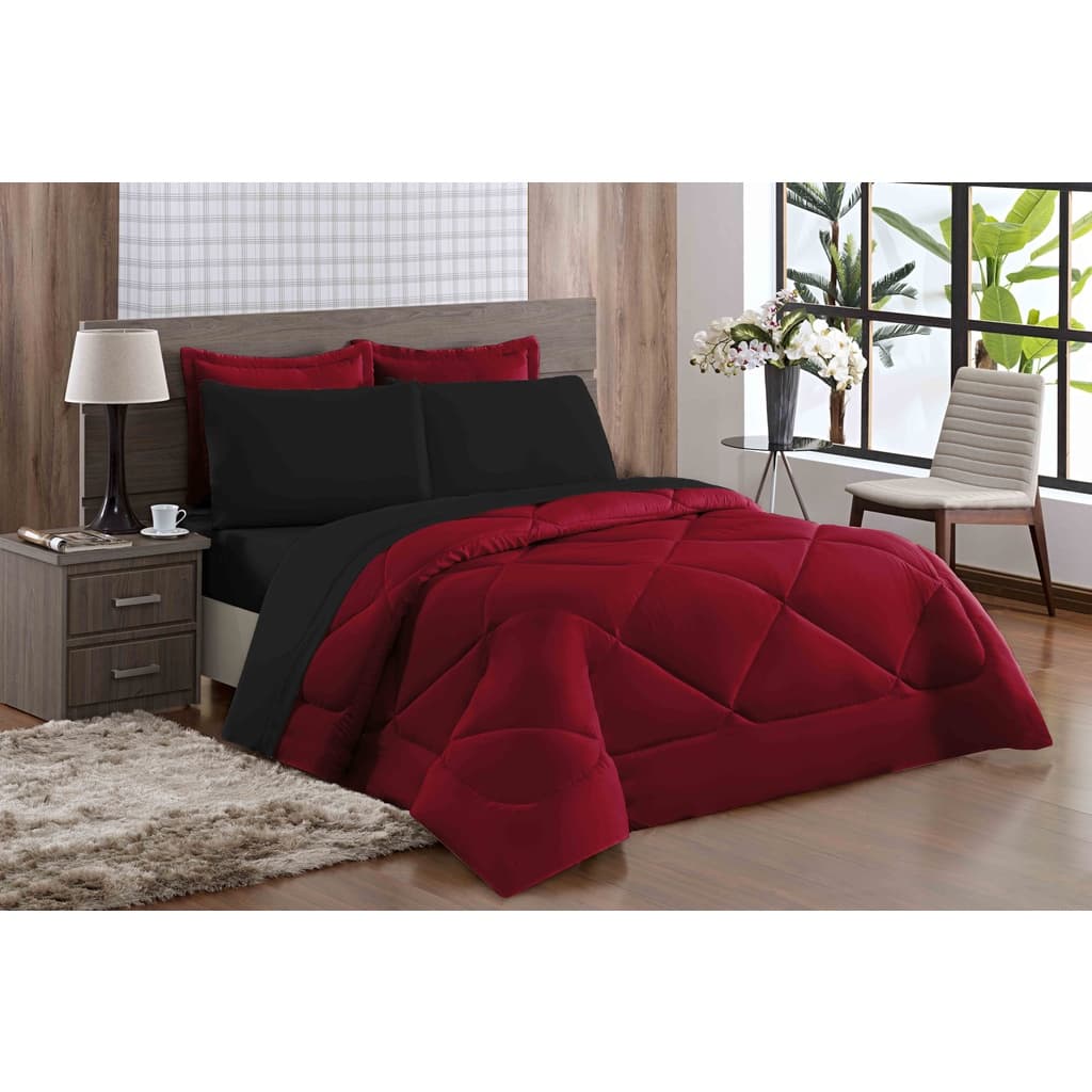 Kit Edredom 2,40m x 2,20m Casal Amor Dupla Face Preto e Vermelho C/5 Pçs