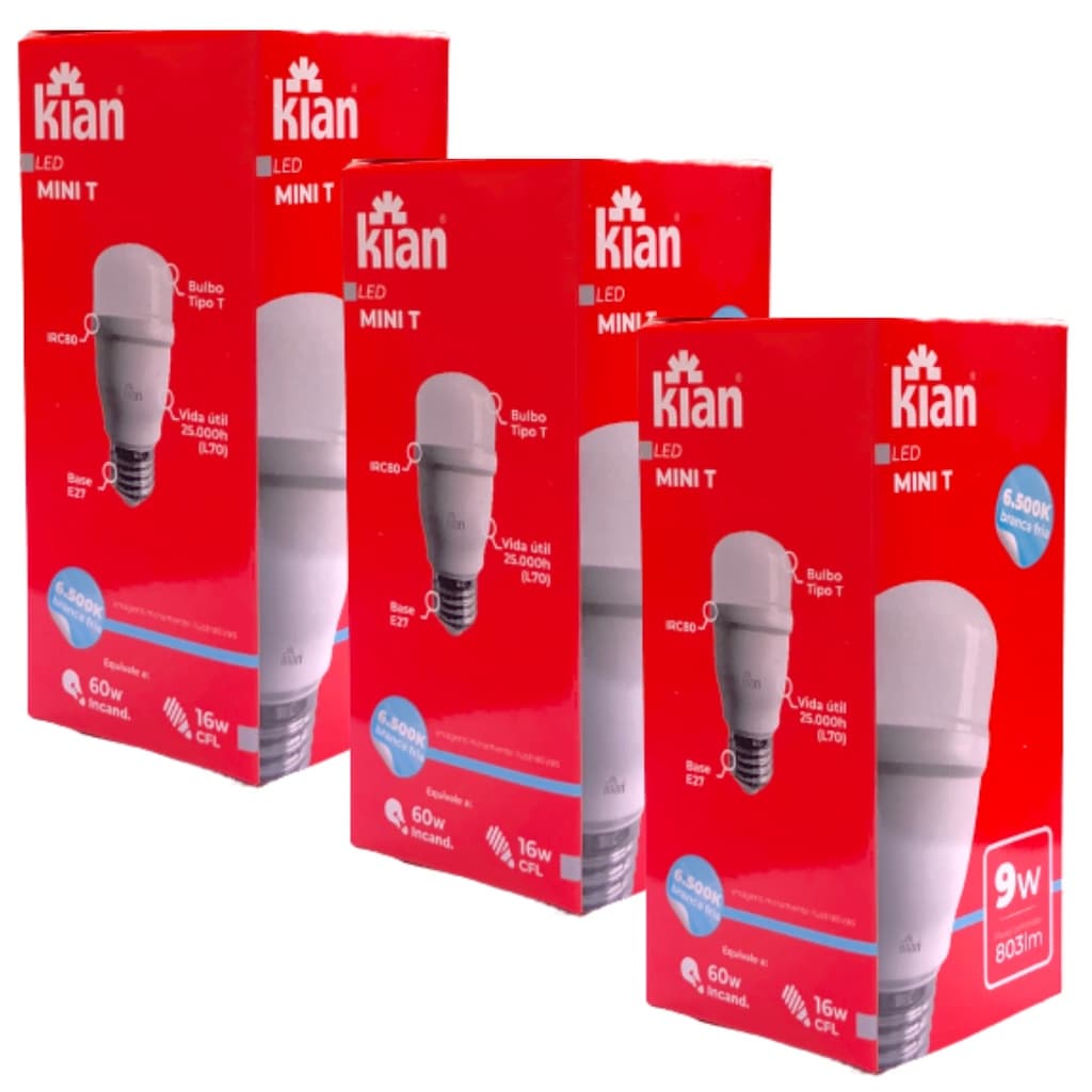 Kit 3 Lâmpada LED Especial Mini T 9w Branca Lustre Economia