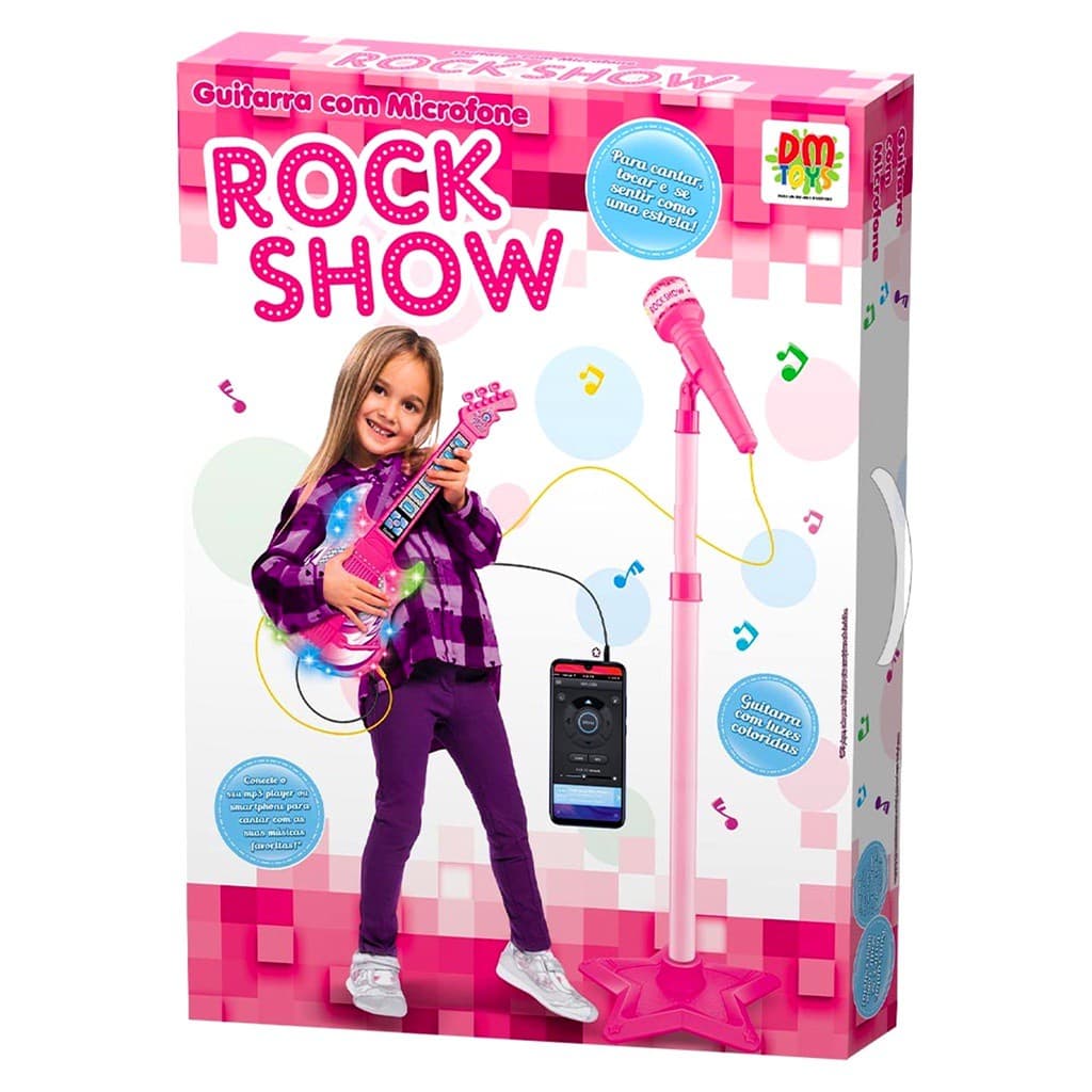 GUITARRA INFANTIL ELETRONICA E MICROFONE COM PEDESTAL ROCK SHOW ROSA - DM TOYS