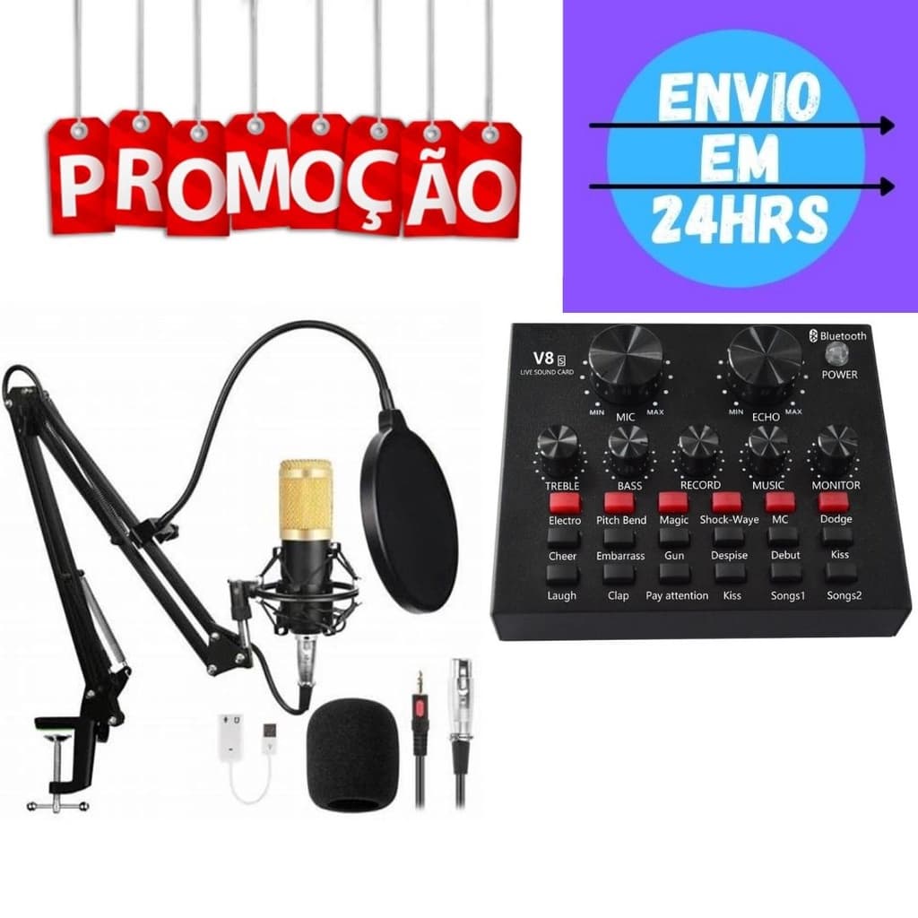 Kit Microfone Condensador Para Estúdio Lotus Bm800 + Placa De Som Interface De Áudio + Pop Filter + Aranha + Braço Articulado studio