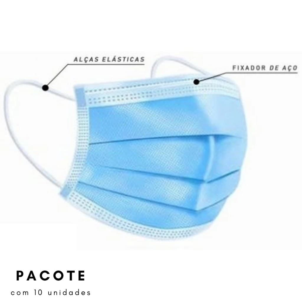 Máscara Facial Protetora Descartável 3 Camadas pacote C/10 Unidades