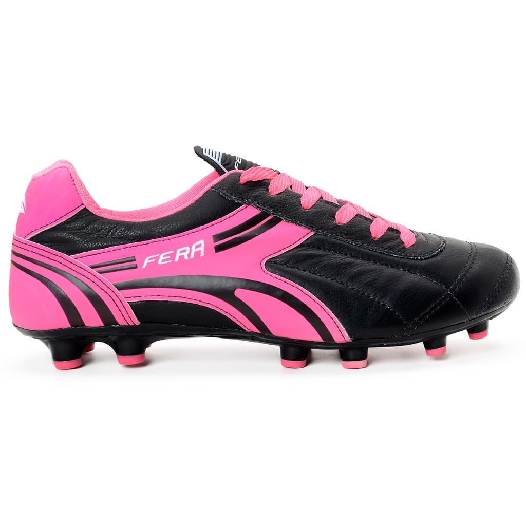 Chuteira Couro Legitimo Campo Gramado Travas Preto Rosa Pink Sola Colada Costurada profissional