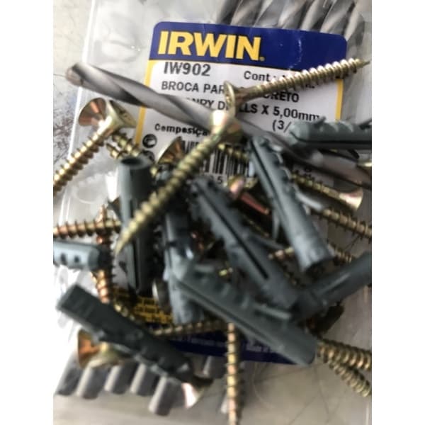 kit de 1 broca de videa da Irwim 5mm com 10 parafusos e buchas de 5mm   por  24,50.