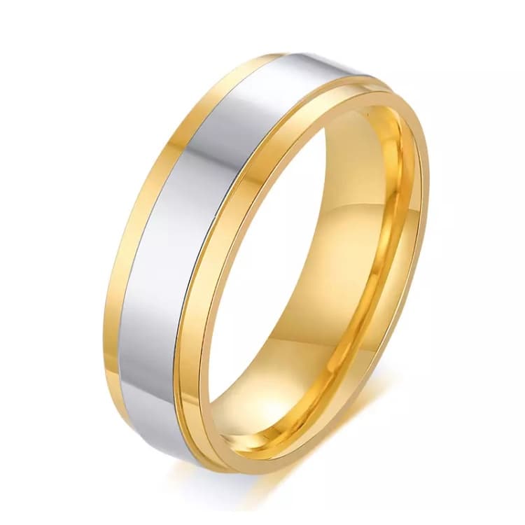 Anel Dourado Filete Prateado Aliança Aço Inoxidável 6mm